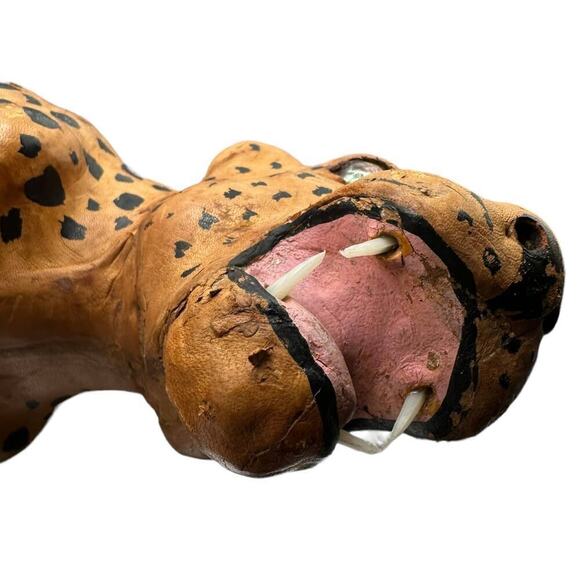 Mid-century 1970s Vintage African Leather Wrapped Hand Painted Leopard Statue - Picture 6 of 7